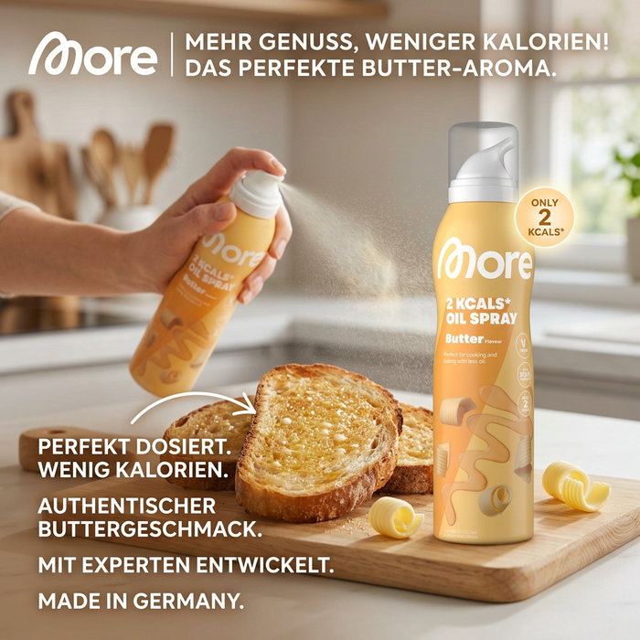 MORE 2Kcals Oil Spray Butter Flavour 200 ml – Kochspray mit Buttergeschmack – Rapsöl zum Braten, Backen & Grillen