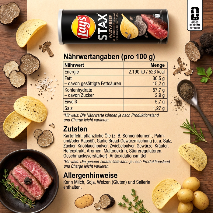 Lay's Stax Wagyu Beef & Truffle Flavour 90 g – Knusprige Kartoffelchips mit Wagyu-Rind & Trüffelgeschmack