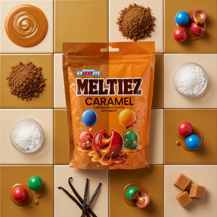 SONERI BOOM Meltiez Caramel Balls 160 g – Karamellgefüllte Schokoladenkugeln mit süßer Ummantelung