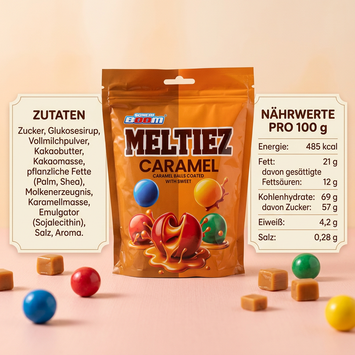 SONERI BOOM Meltiez Caramel Balls 160 g – Karamellgefüllte Schokoladenkugeln mit süßer Ummantelung