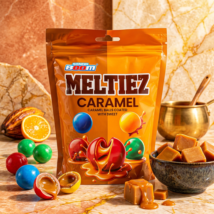 SONERI BOOM Meltiez Caramel Balls 160 g – Karamellgefüllte Schokoladenkugeln mit süßer Ummantelung
