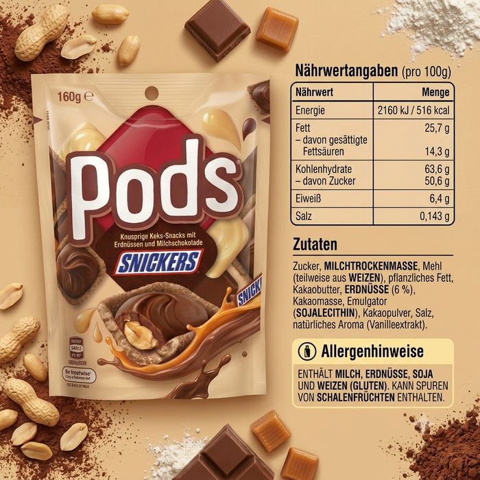Pods SNICKERS Knusprige Keks-Snacks mit Erdnüssen und Milchschokolade 160g