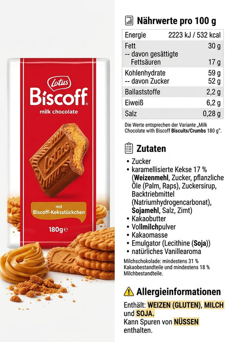 Lotus Biscoff Milchschokolade mit knusprigen Biscoff Keksstückchen 180 g