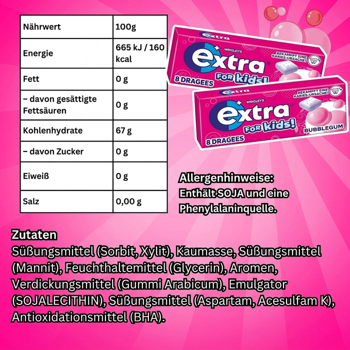 Wrigley’s Extra for Kids Bubblegum 12×8 – Zuckerfreier Kaugummi mit Fruchtgeschmack