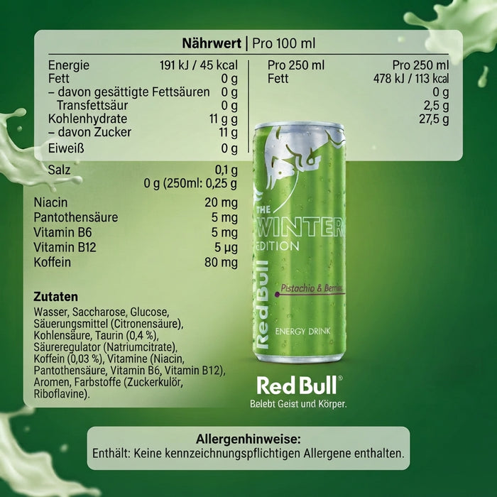 Red Bull Winter Edition 2026 Pistachio & Berries – 24 × 250 ml – Energy Drink mit Pistazien- & Beerengeschmack