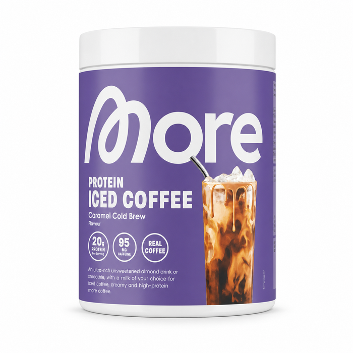 MORE Protein Iced Coffee Caramel Cold Brew Proteinpulver mit Molkenprotein, Instant Kaffee und Keksstückchen 300 g