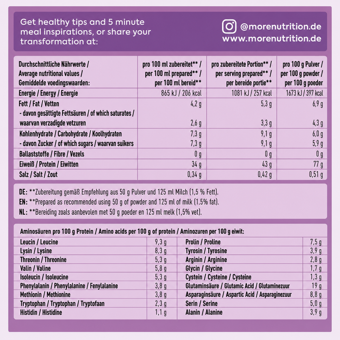 MORE Protein Sahne, 600 g – Proteinpulver mit Whey & Casein zum Kochen und Backen