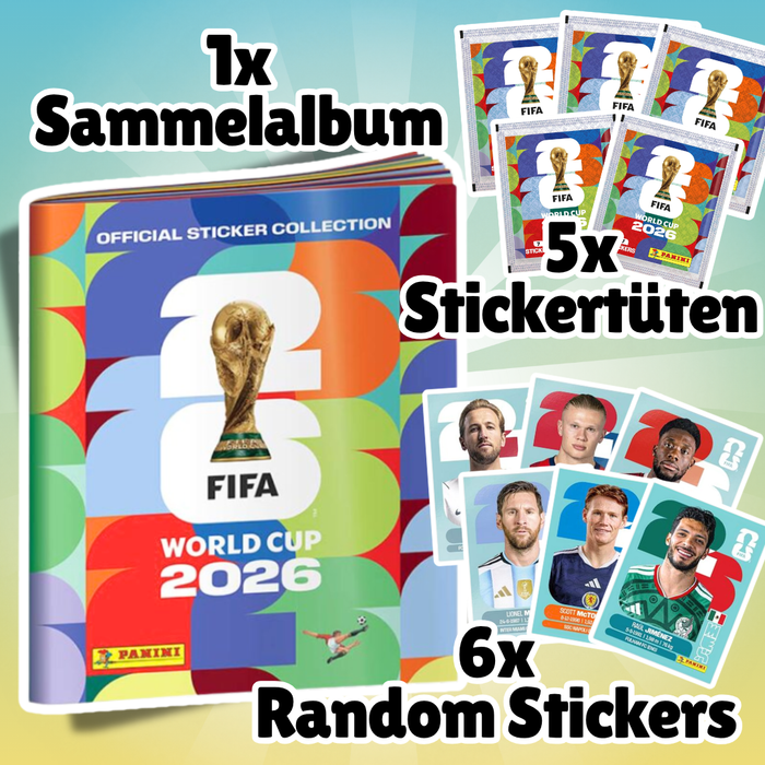 Panini FIFA World Cup 2026 Sammelalbum Softcover mit 6 Stickern + 5x Fifa World Cup 2026 Sticker Tüten – 7 Sticker je Tüte – insgesamt 41 Stickern