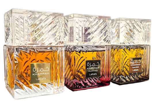 Lattafa Khamrah Eau de Parfum 100 ml – Khamrah, Khamrah Qahwa & Khamrah Dukhan | Orientalische, süß-würzige Luxus-Düfte | Edles Parfüm für Damen & Herren
