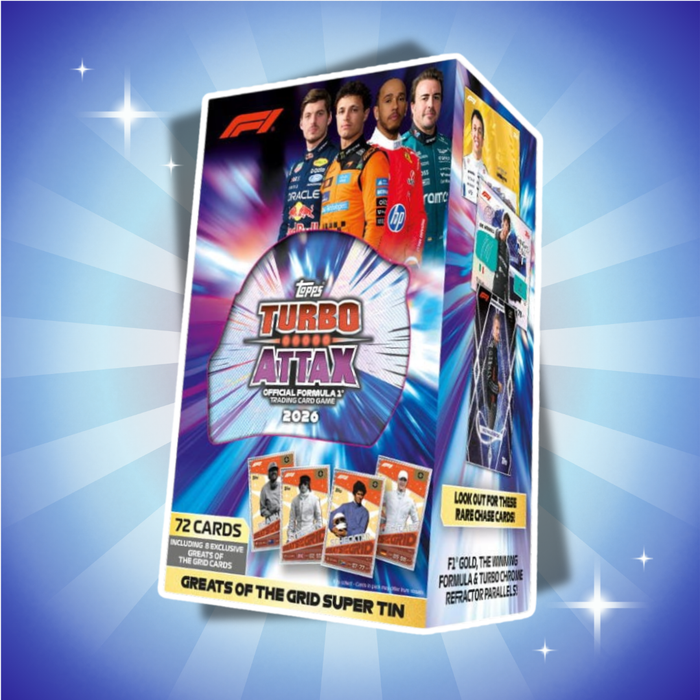 Topps Formula 1 Turbo Attax 2026 Super Tin Greats of the Grid Deutsch – 72 Trading Cards inklusive 8 Exklusivkarten