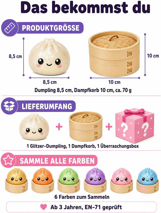 Glitzer-Dumpling Squishy 10 cm – Weiches Anti-Stress Knautsch- und Quetschspielzeug