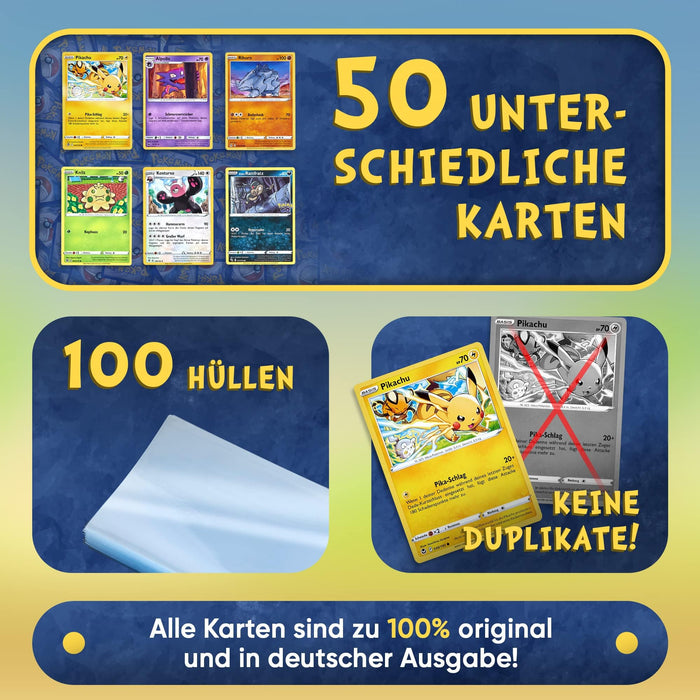 Pokemon Karten deutsch 50 Verschiedene 3 Seltene 3 Holo 1 zufällige Pikachu, Glumanda, Dedenne oder Evoli Sammelkarten Originale Pokemon Karten aktuelle Sets 100 Heartforcards® Card Guard Kartenhüllen