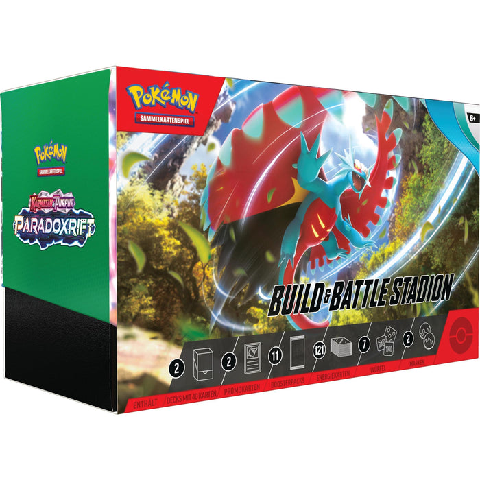 Pokémon TCG – Karmesin & Purpur Paradoxrift | Build & Battle Stadium | Deutsch | 2 Decks & 11 Boosterpacks & Zubehör