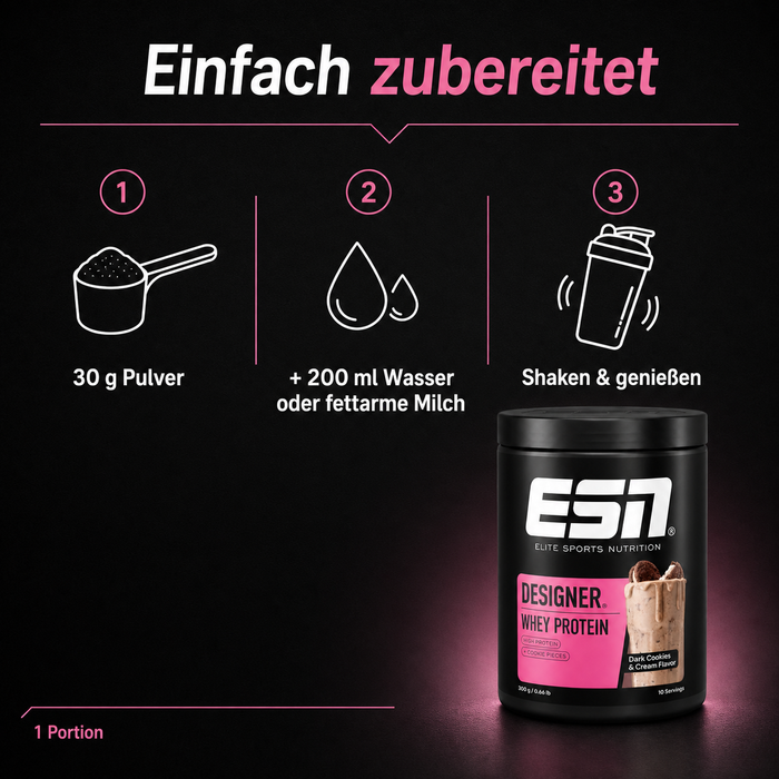 ESN Designer Whey Protein Dark Cookies & Cream, 300 g – Whey-Protein-Pulver mit Cookie Pieces, 10 Portionen
