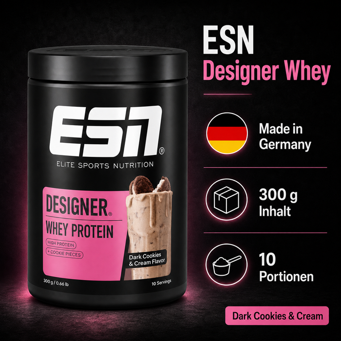 ESN Designer Whey Protein Dark Cookies & Cream, 300 g – Whey-Protein-Pulver mit Cookie Pieces, 10 Portionen