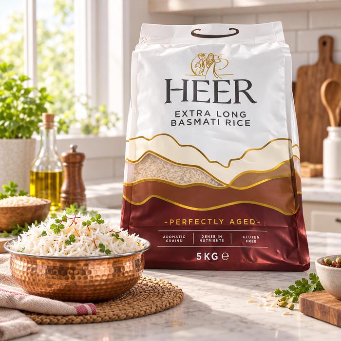 HEER Extra Long Basmati Rice 5 kg – glutenfrei – mit praktischem Tragegriff – aromatischer Reis für Biryani, Curry und Beilagen
