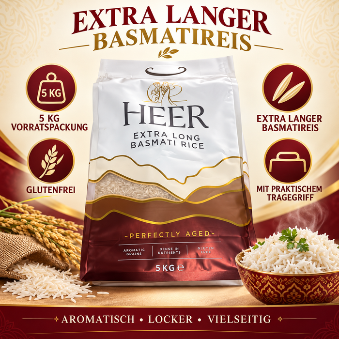 HEER Extra Long Basmati Rice 5 kg – glutenfrei – mit praktischem Tragegriff – aromatischer Reis für Biryani, Curry und Beilagen