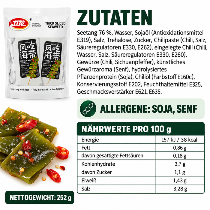WeiLong Fengchi Kelp Hot & Spicy 252 g – würziger dick geschnittener Seetang