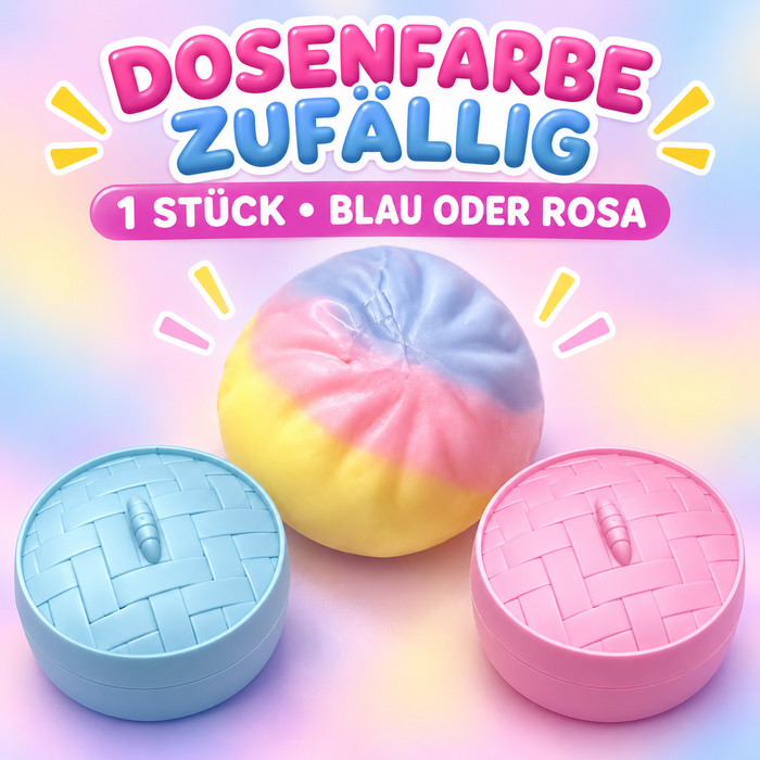 Crackle Squishy mit Knistereffekt – dreifarbiges Squeeze Toy in runder Aufbewahrungsdose – 1 Stück, Dosenfarbe Blau oder Rosa zufällig