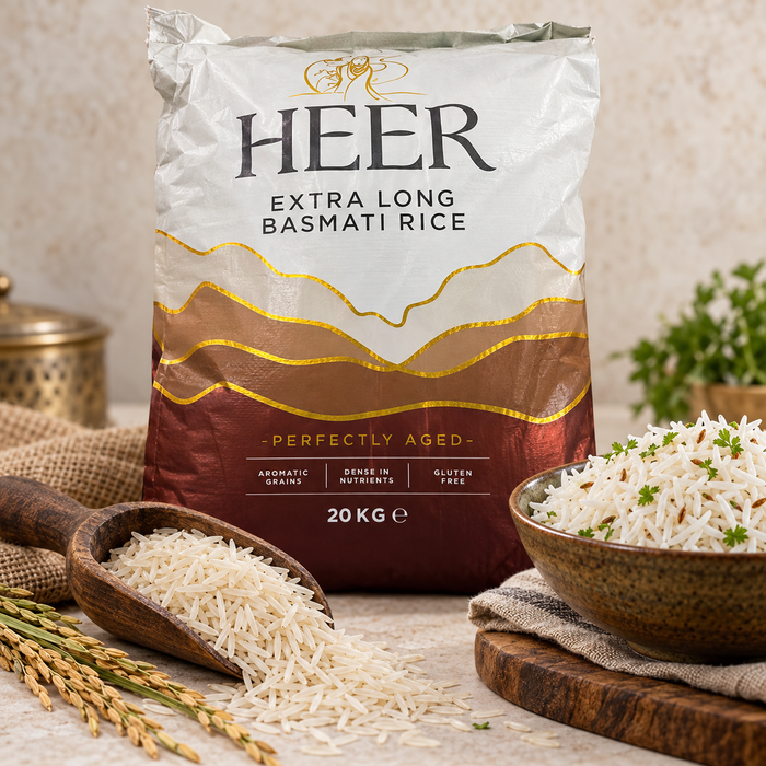 HEER Extra Long Basmati Rice 20 kg – glutenfrei – aromatischer Reis für Biryani, Curry und Beilagen – Vorratspackung