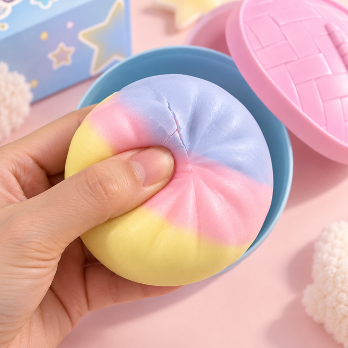 Crackle Squishy mit Knistereffekt – dreifarbiges Squeeze Toy in runder Aufbewahrungsdose – 1 Stück, Dosenfarbe Blau oder Rosa zufällig