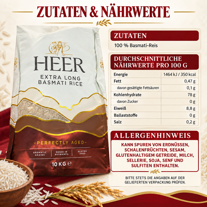 HEER Extra Long Basmati Rice 10kg – glutenfrei- langkörniger Basmatireis