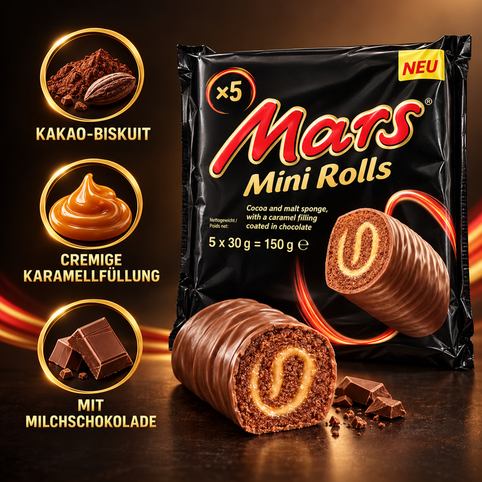Mars Mini Rolls – Kakao-Biskuitrollen mit Karamell und Milchschokolade, 5 × 30 g
