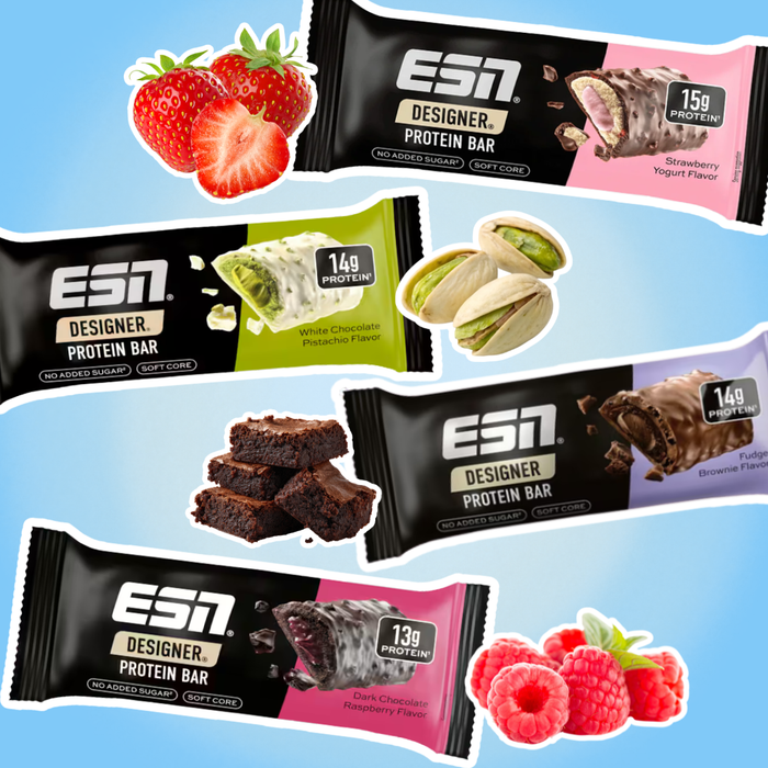 ESN Designer Protein Bar Probierset – 4 Sorten Proteinriegel (Strawberry Yogurt, White Chocolate Pistachio, Fudge Brownie & Dark Chocolate Raspberry), je 1×45 g