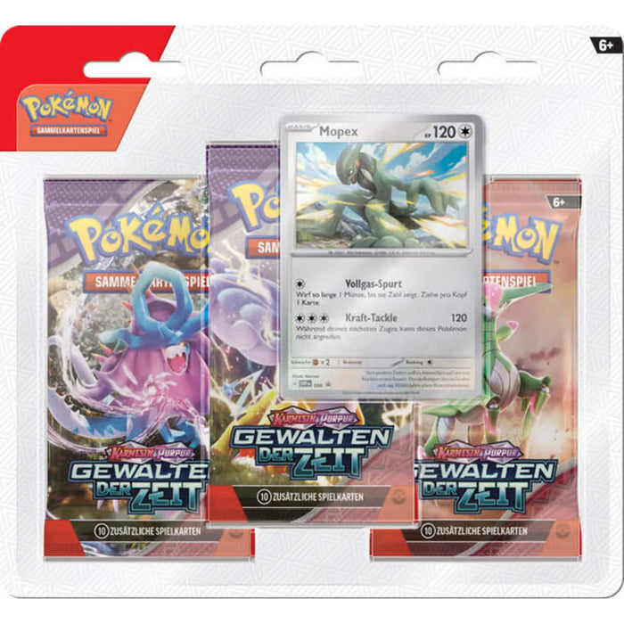 Pokémon Karmesin & Purpur Gewalten der Zeit 3-Pack Blister – Deutsch, 3 Boosterpacks + Pii Promo Karte