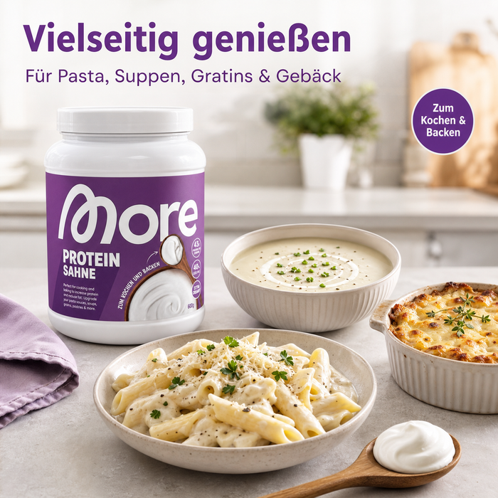 MORE Protein Sahne, 600 g – Proteinpulver mit Whey & Casein zum Kochen und Backen