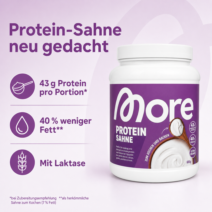MORE Protein Sahne, 600 g – Proteinpulver mit Whey & Casein zum Kochen und Backen
