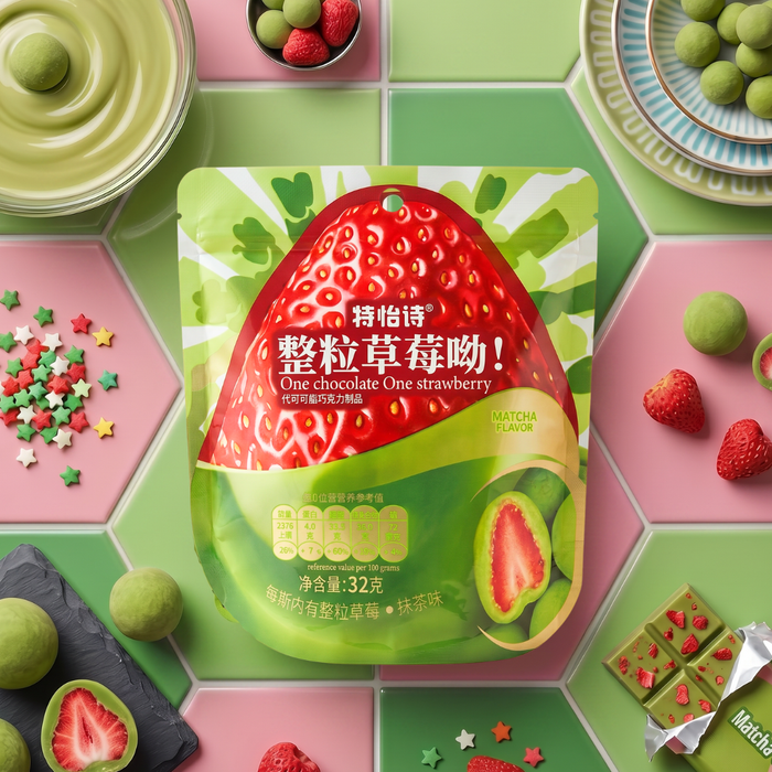 Matcha-Schokoladen-Erdbeeren Gefriergetrocknete Erdbeeren mit Matcha-Schokoladenüberzug 32g
