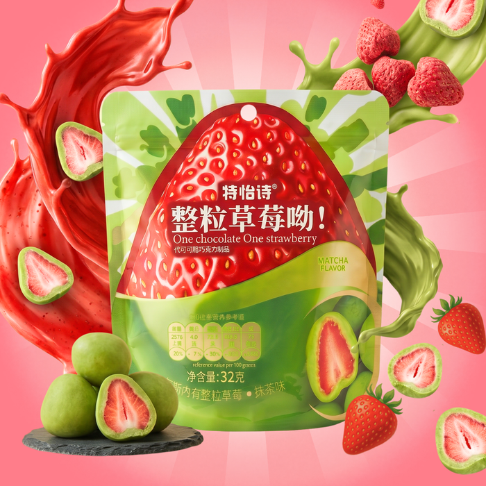 Matcha-Schokoladen-Erdbeeren Gefriergetrocknete Erdbeeren mit Matcha-Schokoladenüberzug 32g