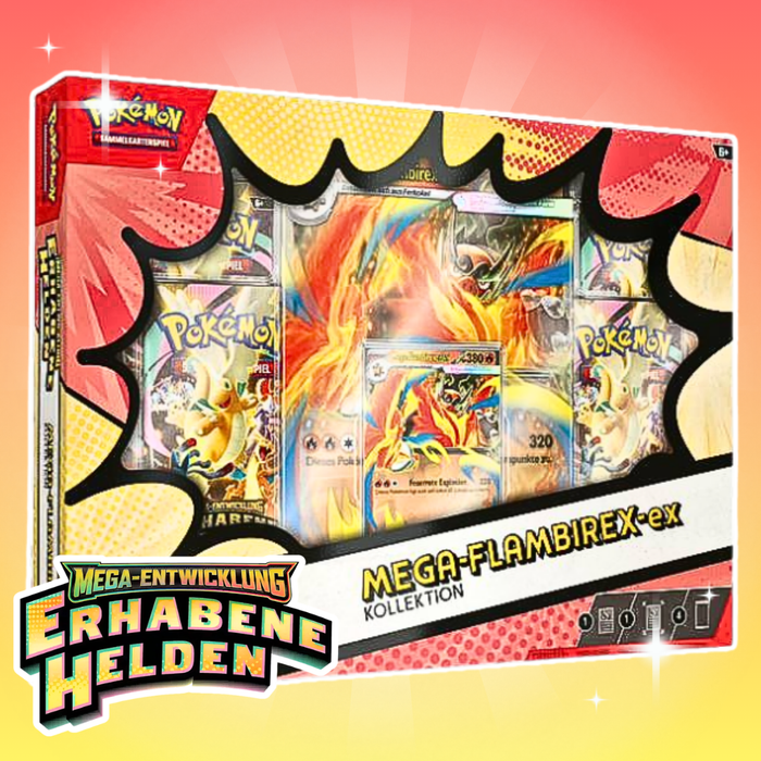 Pokémon ME02.5 Erhabene Helden Mega-EX Kollektion Deutsch – 4 Boosterpacks, Holo Promo Karte & Jumbo Wackelbildkarte, Sammelbox