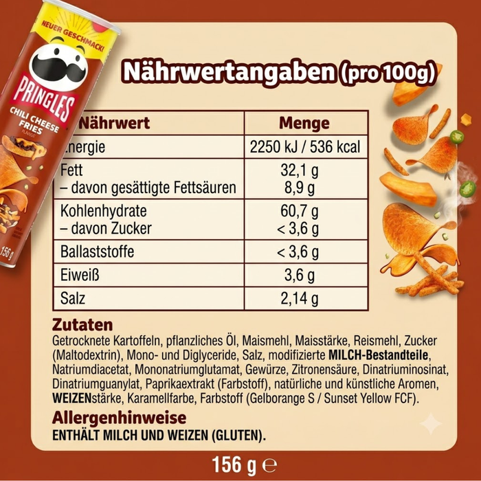 Pringles Chili Cheese Fries Kartoffelchips mit Chili-Käse-Geschmack 156g