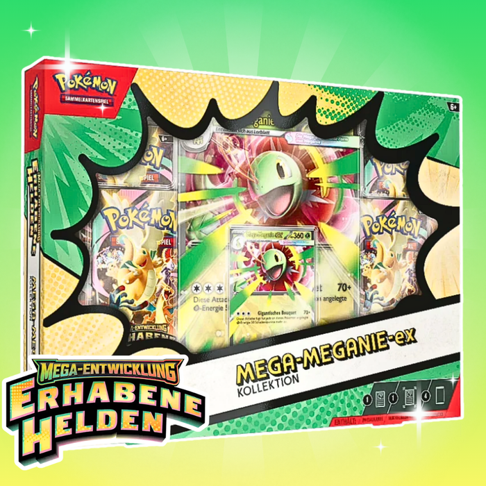 Pokémon ME02.5 Erhabene Helden Mega-EX Kollektion Deutsch – 4 Boosterpacks, Holo Promo Karte & Jumbo Wackelbildkarte, Sammelbox